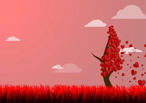 Vector : Tree and love leaves with grass and cloud Stock Illustration