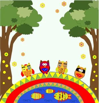 Vector tree with funny owls Stock Illustration