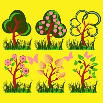 Vector tree set isolated on yellow background. Stock Illustration