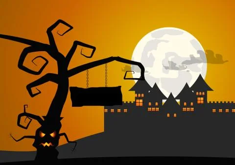 Vector : Tree with sign and castle halloween backgroun Stock Illustration