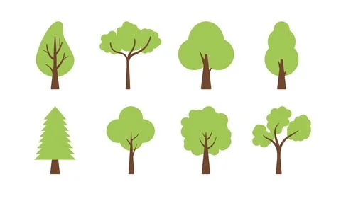 Vector tree simple flat icon. Cartoon tree forest icon silhouette set, green Stock Illustration