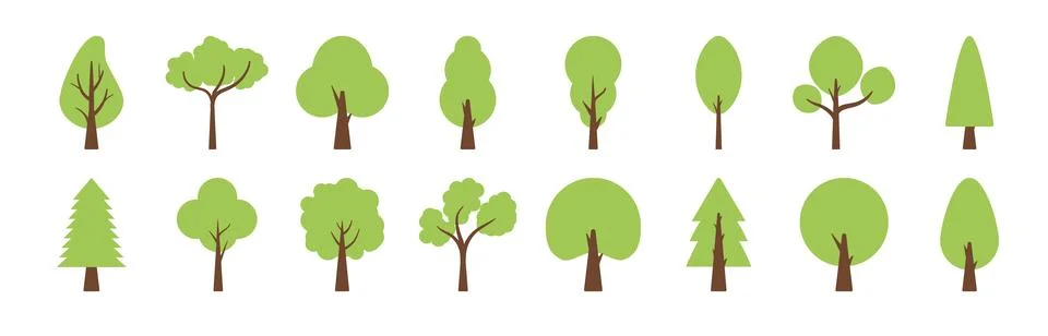 Vector tree simple flat icon. Cartoon tree forest icon silhouette set, green Stock Illustration