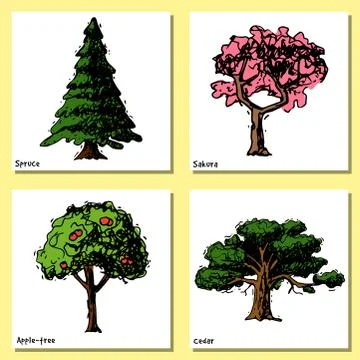 Vector tree sketch hand drawn style types green forest pine treetops collection Stock Illustration