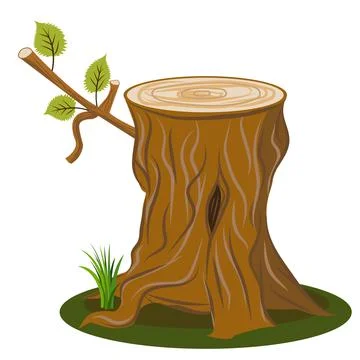 Vector tree stump with branch and leaves, realistic props for cartoon. Stock Illustration