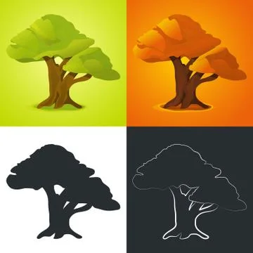 Vector Tree. Tree Silhouette Outline and Colorful Version. Isolated Image for Stock Illustration