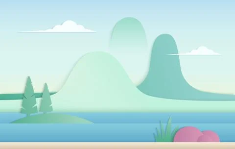 Vector trendy gradient color nature illustration. Mountains with river paper cut Stock Illustration