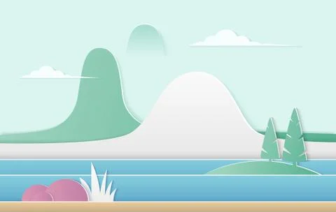 Vector trendy gradient color nature illustration. Mountains with river, pine Stock Illustration