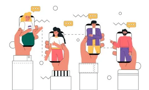 Vector trendy illustration video call concept. Human hand holding a smartphon Stock Illustration