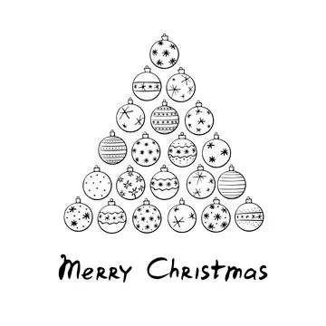 Vector Triangle of Christmas tree balls with lettering Merry Christmas. New y Stock Illustration