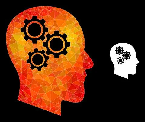 Vector Triangle Filled Brain Gears Icon with Flame Gradient Stock Illustration