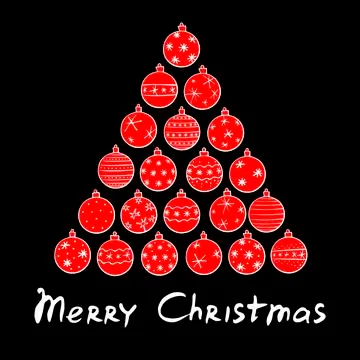 Vector Triangle of red Christmas tree balls with lettering Merry Christmas. N Stock Illustration