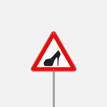 Vector triangle with shoe inside. Vector high heels woman driver sign. Stock Illustration