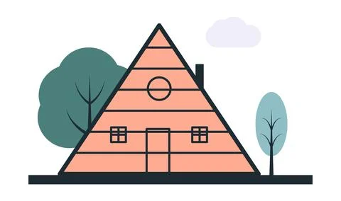 Vector triangular house with a chimney and trees around eps 10. Vector unusual 스톡 일러스트
