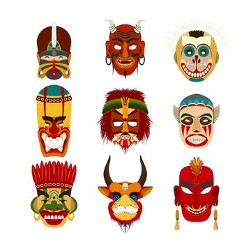 Vector tribal masks set isolated objects over white background Illustrazione stock