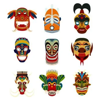 Vector tribal masks set isolated objects over white background Illustrazione stock