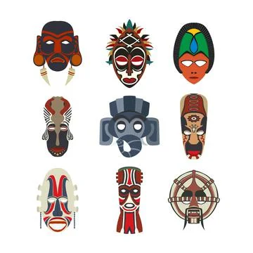 Vector tribal masks set isolated objects over white background Stock Illustration