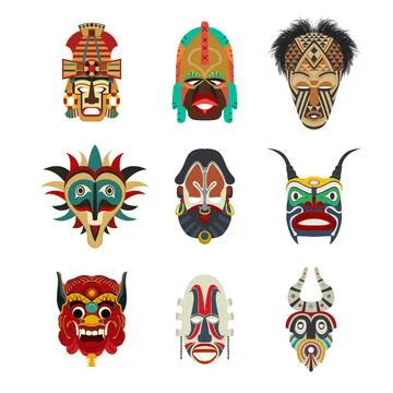 Vector tribal masks set isolated objects over white background Illustrazione stock