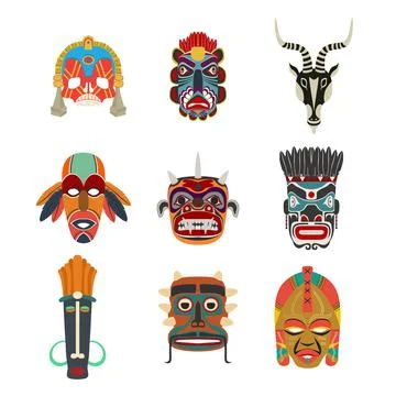 Vector tribal masks set isolated objects over white background Stock Illustration