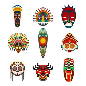 Vector tribal masks set isolated objects over white background Stock Illustration