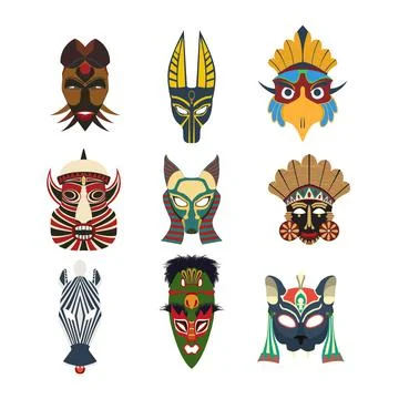 Vector tribal masks set isolated objects over white background Stock Illustration
