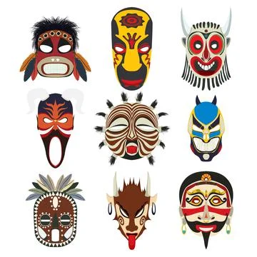 Vector tribal masks set isolated objects over white background Illustrazione stock