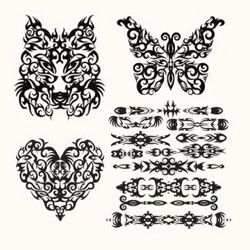Vector tribal set with heart, wolf, butterfly and  ethnic styles elements Stock Illustration