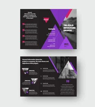 Vector Trifold brochure template with purple triangular design, with place fo Stock Illustration