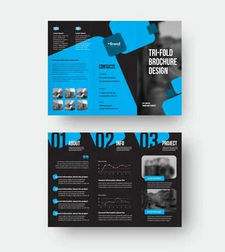 Vector trifold template with blue geometric illustration folding brochure wit Stock Illustration