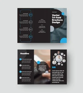 Vector trifold template with blue, gray round design elements on black backgr 库存插图