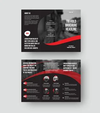 Vector trifold template with creative red design on black background for info Stock Illustration