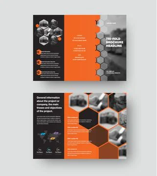 Vector trifold template presentation with hexagons, orange design elements on Stock Illustration