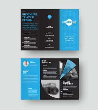 Vector trifold template with round blue design, leaflet isolated on black bac Stock Illustration