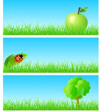 Vector triptych of objects on detailed grass. apple, ladybird on a leaf Stock Illustration