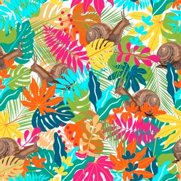 Vector tropical abstract seamless pattern. Tropical colorful leaves and snail Illustrazione stock