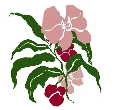 Vector tropical abstract vertical bouquet of red and pink flowers, green leaves Stock Illustration