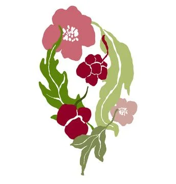 Vector tropical abstract vertical bouquet of pink and red flowers, green leaves Stock Illustration
