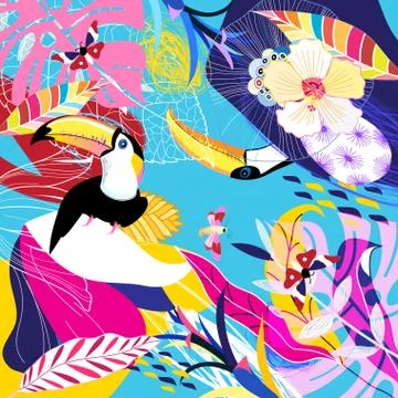 Vector tropical background with leaf and toucans Stock Illustration