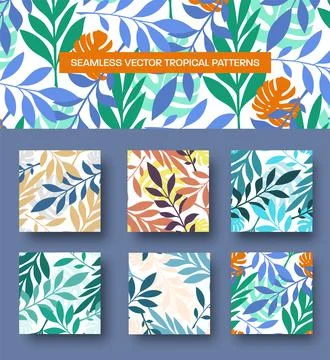 Vector tropical background with monstera leaves, palm trees, twigs, seamless  Stock Illustration