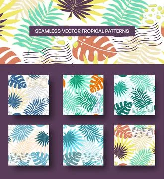 Vector tropical background with monstera leaves, palm trees, twigs, seamless  Stock Illustration