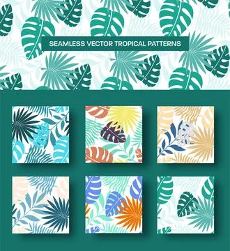 Vector tropical background with monstera leaves, palm trees, twigs, seamless  Stock Illustration