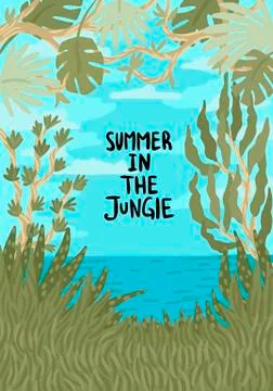 Vector tropical background. Summer in the jungle, the sea and palm trees. Vector Stock Illustration