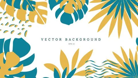 Vector tropical background with yellow, blue exotic monstera leaves, palms, a Stock Illustration