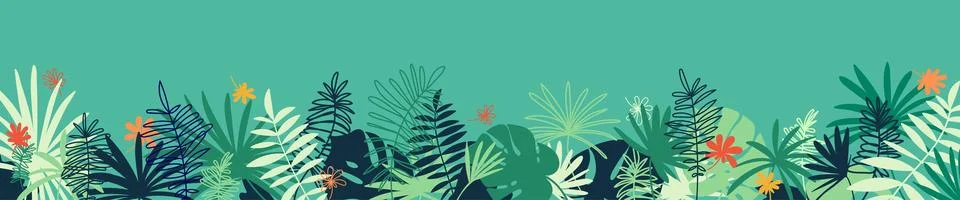 Vector tropical horizontal banner with copy space. Floral background with var Stock Illustration