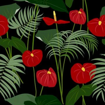 Vector tropical jungle seamless pattern with palm trees leaves and flowers an Illustrazione stock