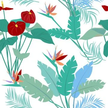 Vector tropical jungle seamless pattern with palm trees leaves and flowers Illustrazione stock