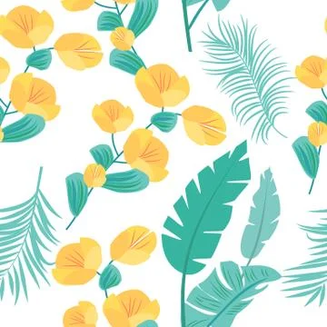 Vector tropical jungle seamless pattern with palm trees leaves and flowers イラスト素材