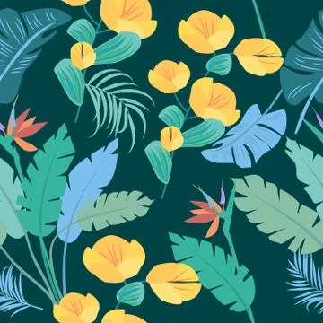 Vector tropical jungle seamless pattern with palm trees leaves and flowers Illustrazione stock
