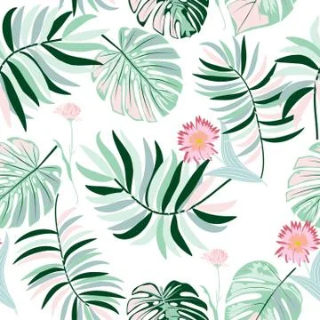 Vector tropical jungle seamless pattern with palm trees leaves and flowers イラスト素材