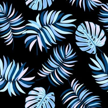 Vector tropical jungle seamless pattern with palm trees leaves and flowers Illustrazione stock