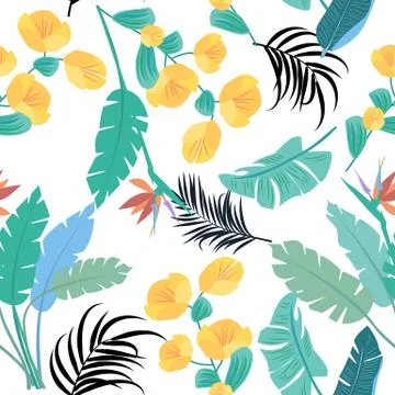 Vector tropical jungle seamless pattern with palm trees leaves and flowers Illustrazione stock